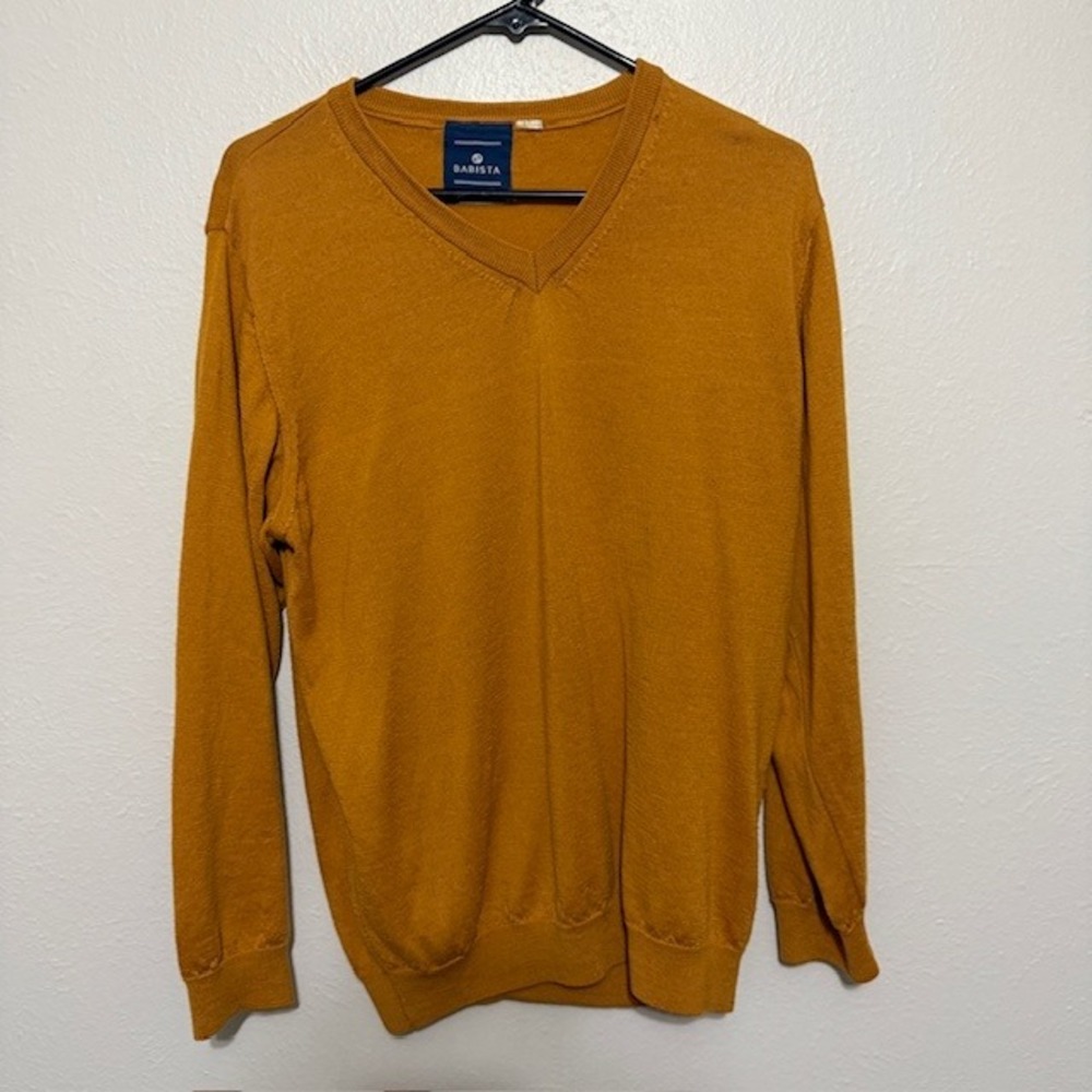 Mens 100% Merino Wool V-Neck Sweater Mustard Yellow Size XL